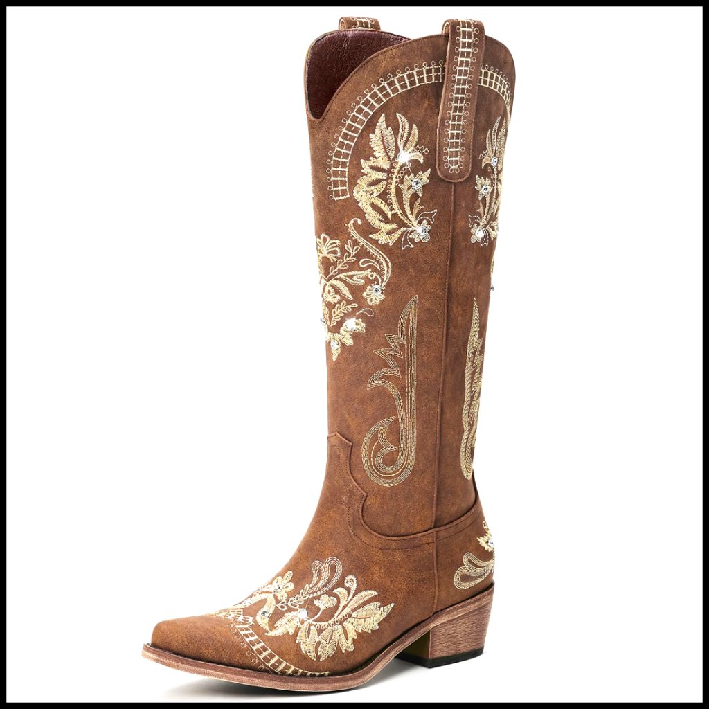 Knee High Western Cowgirl Boots Sparkly Rhinestone Retro Vintage Chunky Heel